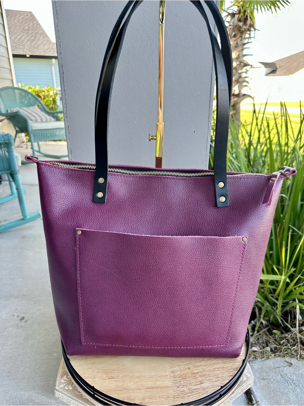 Portland Leather Medium Zipper Tote with Black Handles in Violet Moon